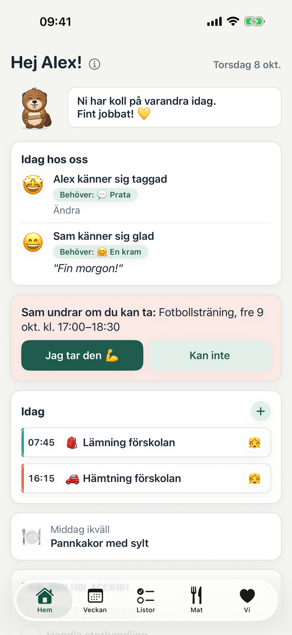 Hem: dagens incheckning och vad som händer idag